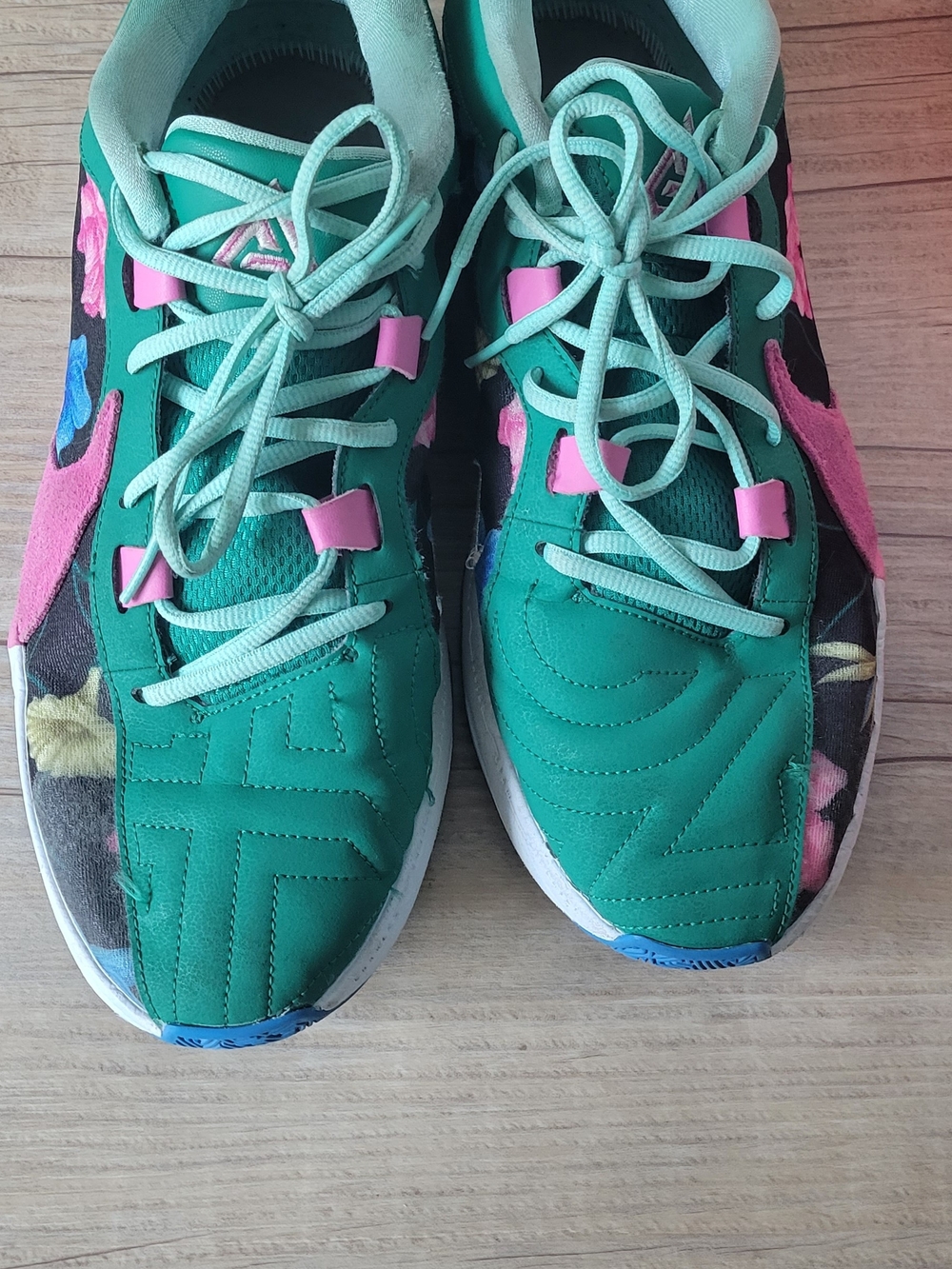 Nike Teal Floral-Accent Lace-Up Sneakers with Pink Details